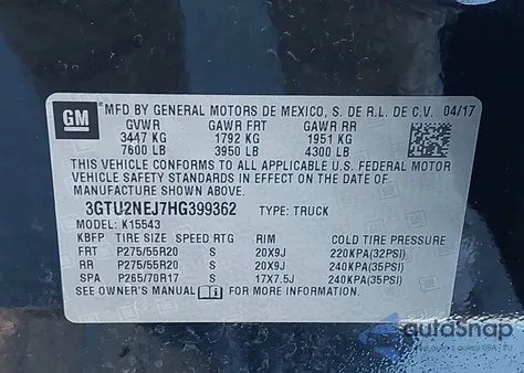 2017 GMC Sierra 1500 Slt z USA, uszkodzony, nr VIN 3GTU2NEJ7HG399362